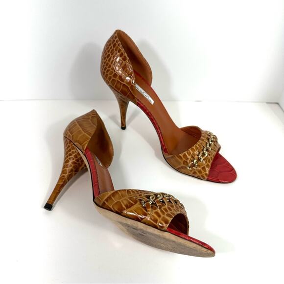 Oscar de la Renta Red and Tan Croc Heels - Picture 3 of 14